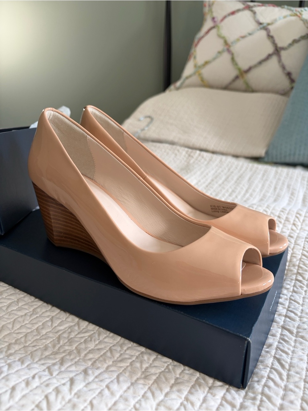 Cole Haan Nude Patent Peep-Toe Wedge Pumps